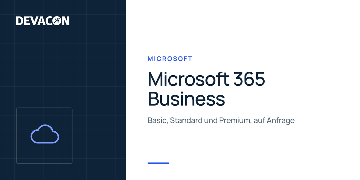 Microsoft 365 Business Basic, Standard und Premium: Produktgrafik von DEVACON mit Hersteller und Serie