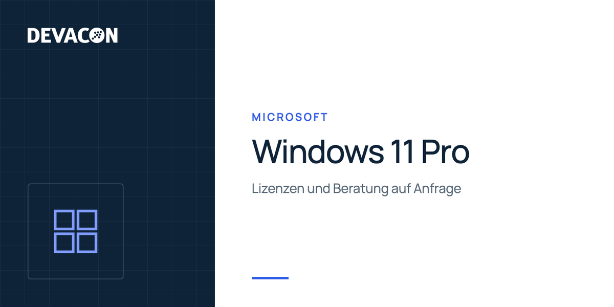 Microsoft Windows 11 Pro: Produktgrafik von DEVACON mit Hersteller und Serie