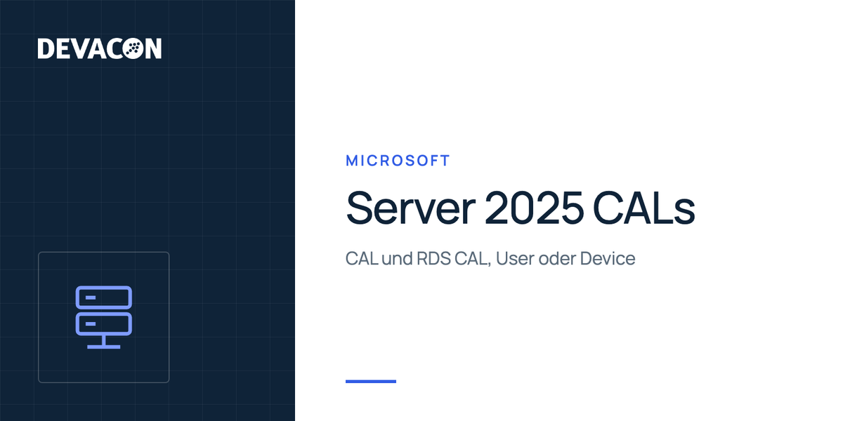 Microsoft Windows Server 2025 CALs und RDS CALs: Produktgrafik von DEVACON mit Hersteller und Serie