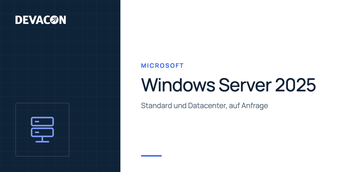 Microsoft Windows Server 2025 Standard und Datacenter: Produktgrafik von DEVACON mit Hersteller und Serie