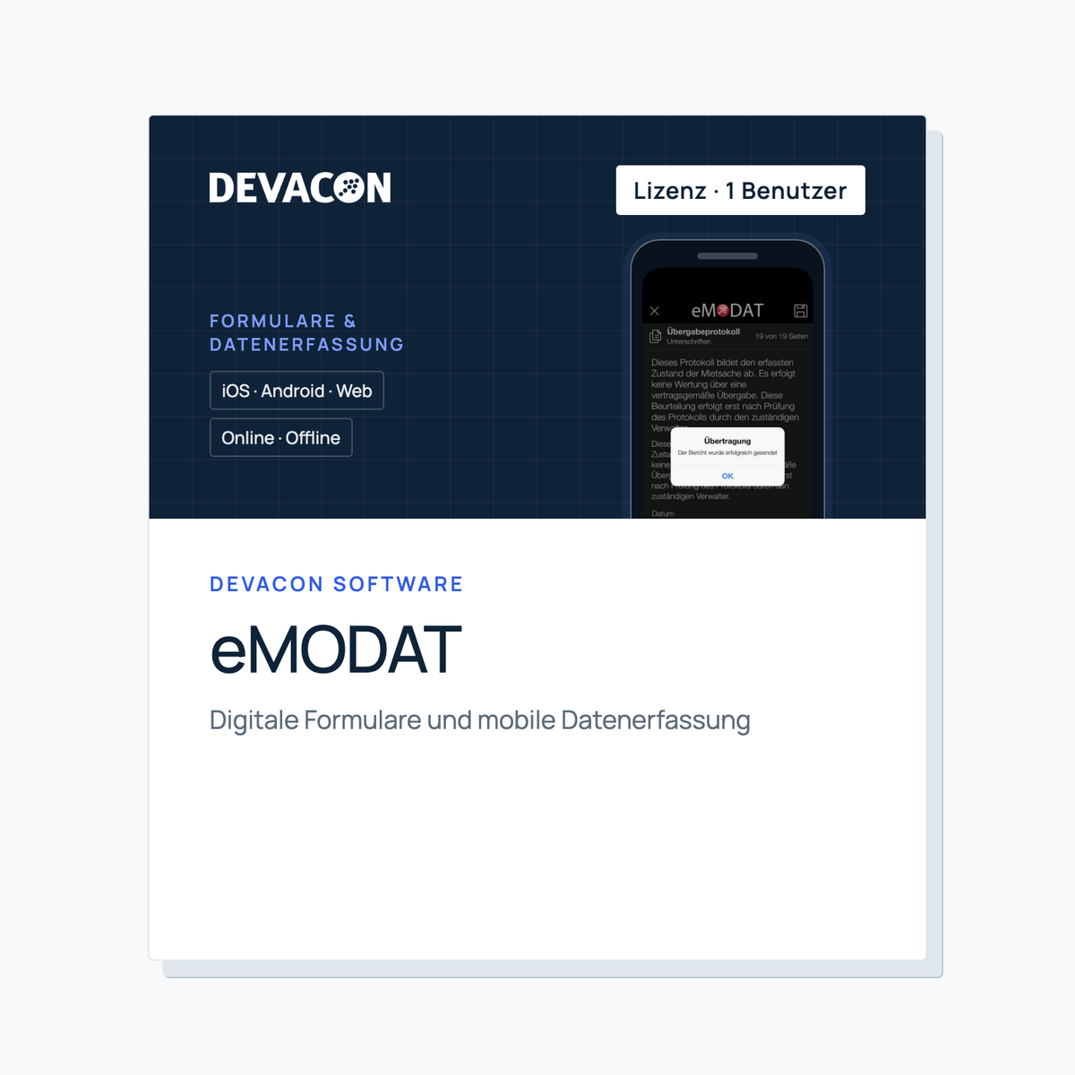 eMODAT licence for one user: DEVACON product graphic with smartphone form