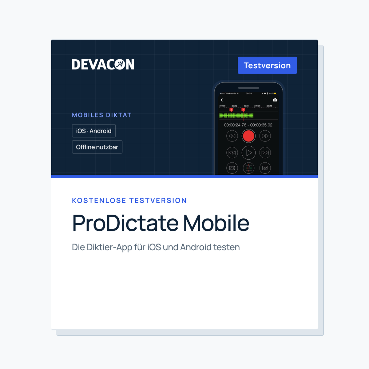 ProDictate Mobile Testversion: Produktgrafik von DEVACON mit Smartphone-App