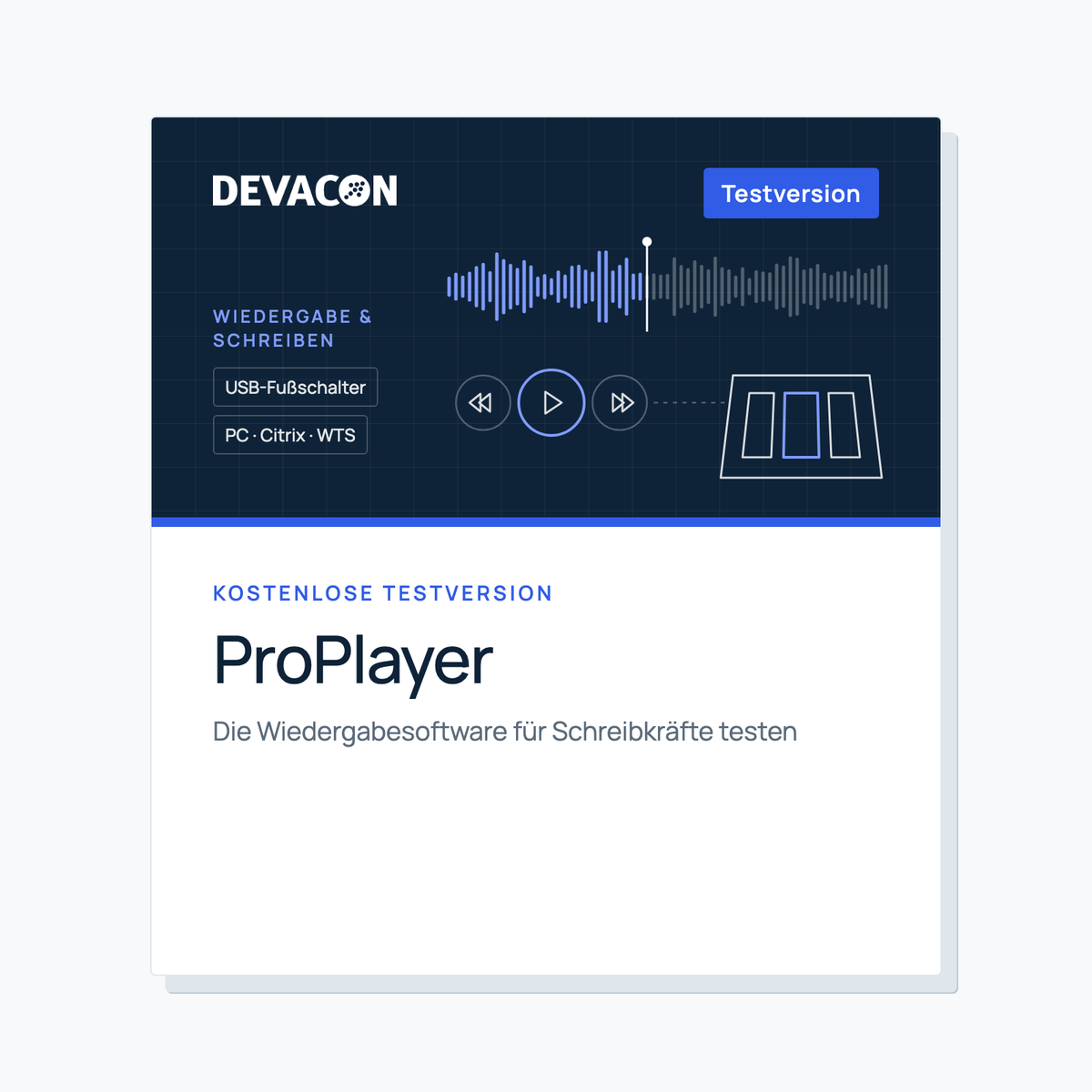 ProPlayer Testversion: Produktgrafik von DEVACON mit Wiedergabe-Oberfläche
