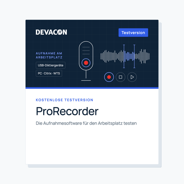 ProRecorder Testversion: Produktgrafik von DEVACON mit Aufnahme-Oberfläche