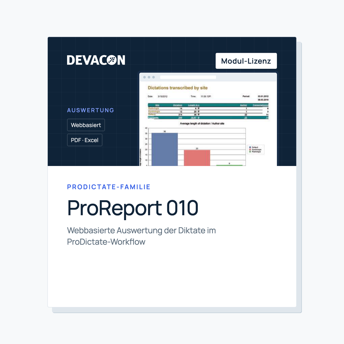 ProReport 010 reporting module for ProDictate: DEVACON product graphic with report view