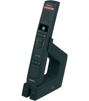 Grundig Digta CordEx Diktiermikrofon in der Dockingstation, Produktfoto in Großansicht
