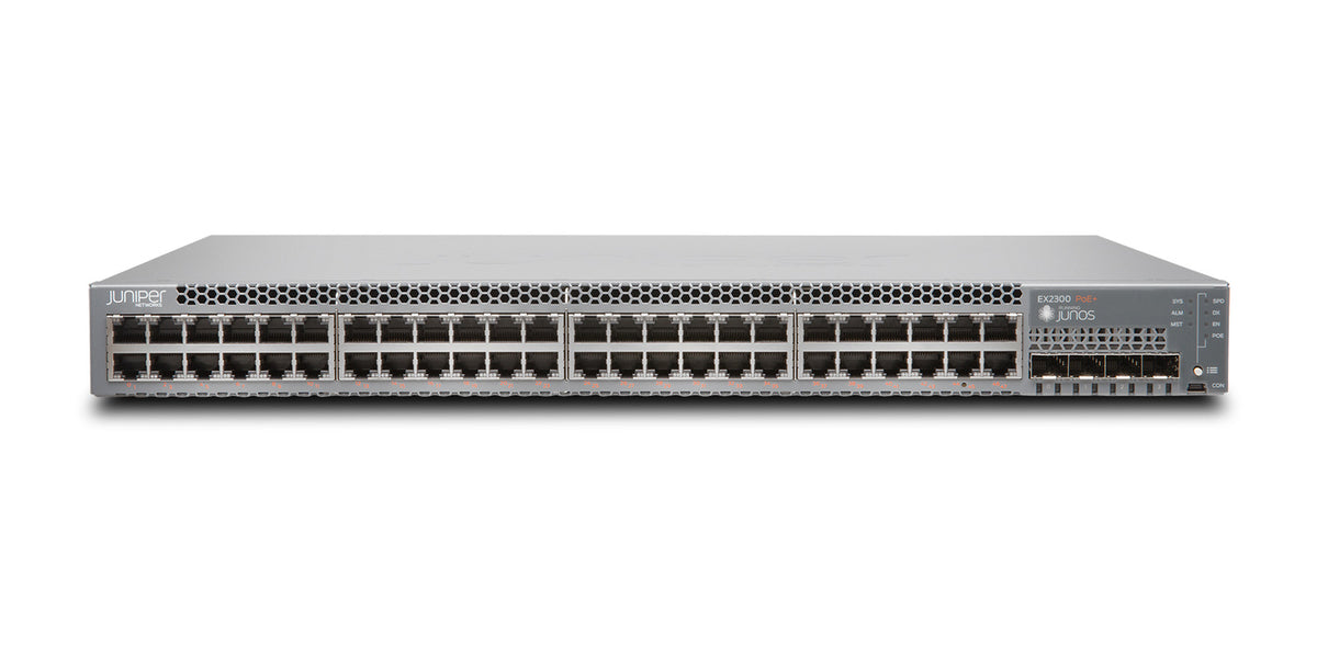 Juniper EX2300 Ethernet Switch: EX2300-48P, Herstellerfoto Juniper Networks, Vorderseite schräg von oben