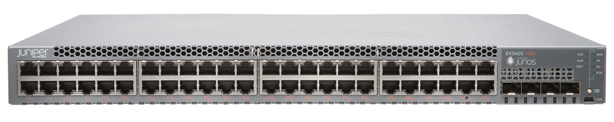 Juniper EX3400 Ethernet Switch, manufacturer photo Juniper Networks (front, angled)