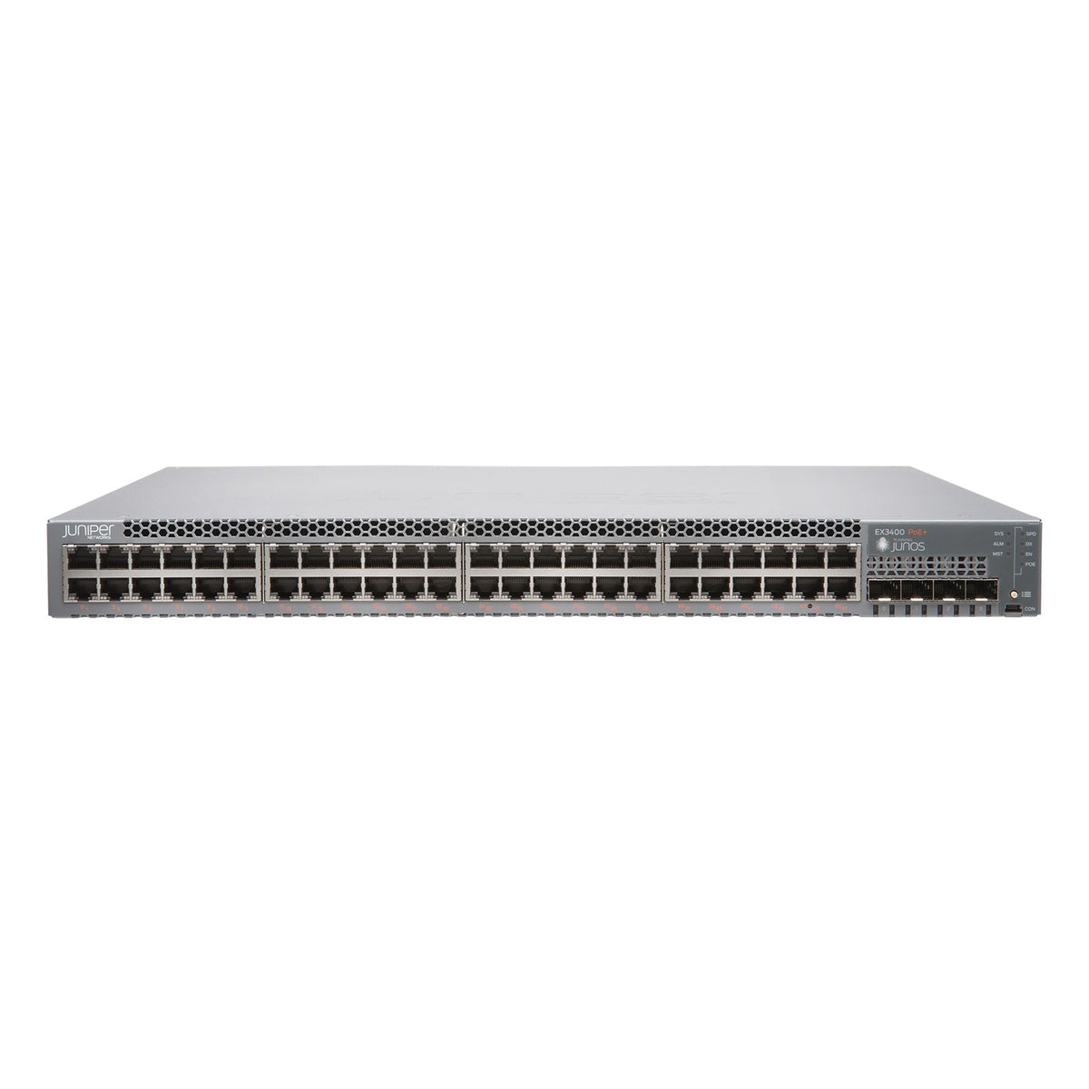 Juniper EX3400 Ethernet Switch, Herstellerfoto Juniper Networks (Vorderseite schräg)