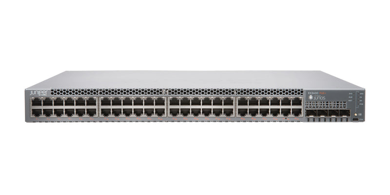 Juniper EX3400 Ethernet Switch: EX3400-48P, manufacturer photo Juniper Networks, front at an angle from above