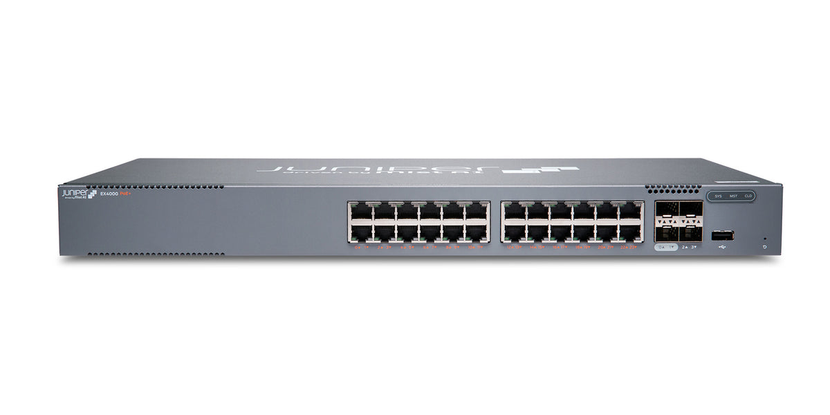 Juniper EX4000 Ethernet Switch: EX4000-24P, Herstellerfoto Juniper Networks, Vorderseite schräg von oben