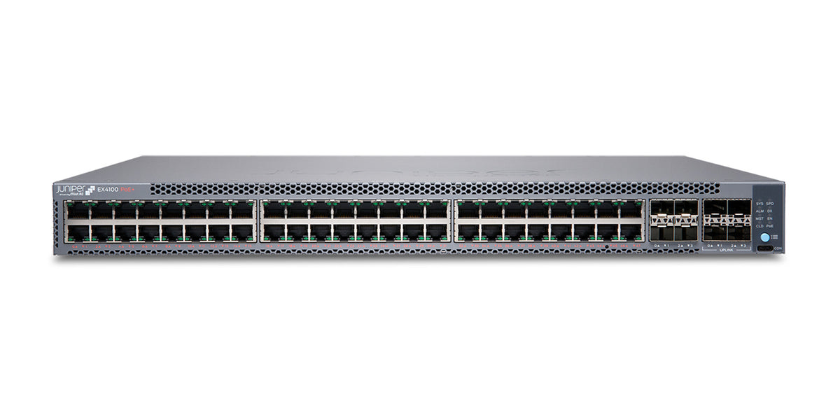 Juniper EX4100 Ethernet Switch: EX4100-48P, Herstellerfoto Juniper Networks, Vorderseite schräg von oben