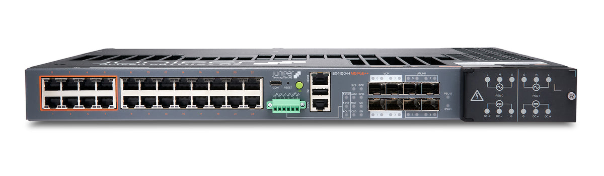 Juniper EX4100-H-24MP Switch, Vorderansicht schräg von oben