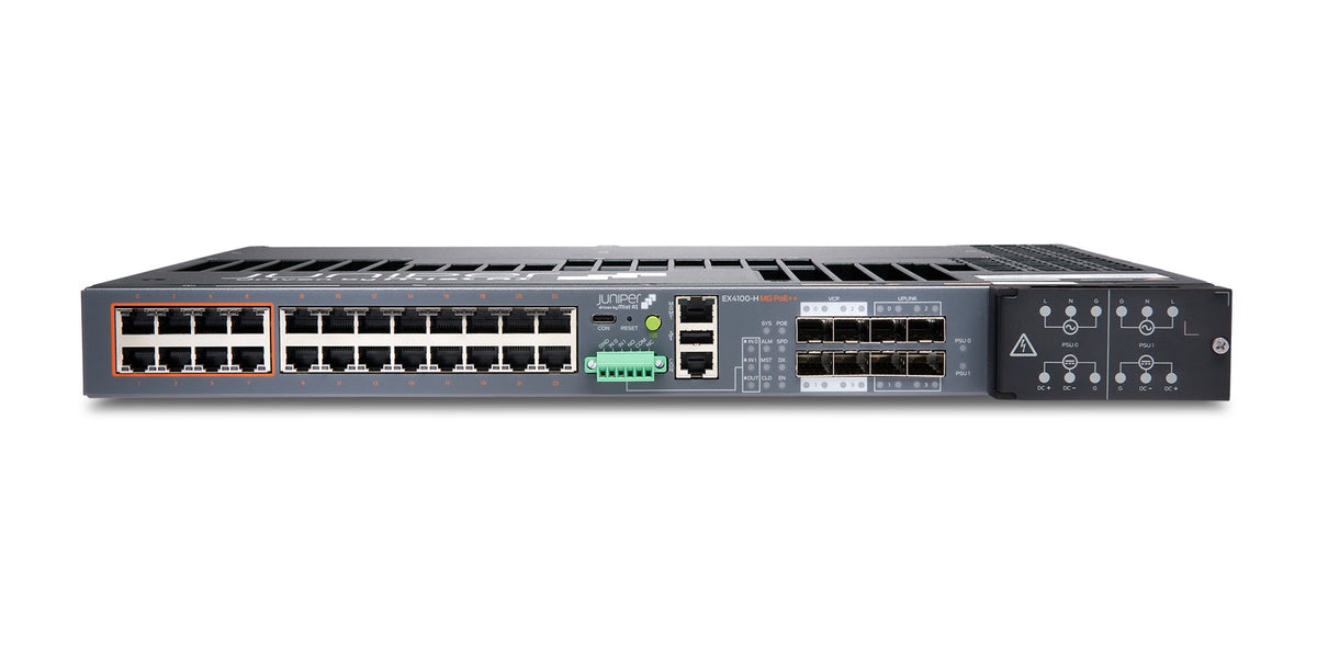 Juniper EX4100-H-24MP Switch, Vorderansicht schräg von oben