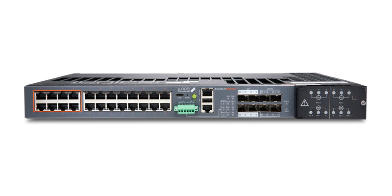 Juniper EX4100-H-24MP Switch, Vorderansicht schräg von oben