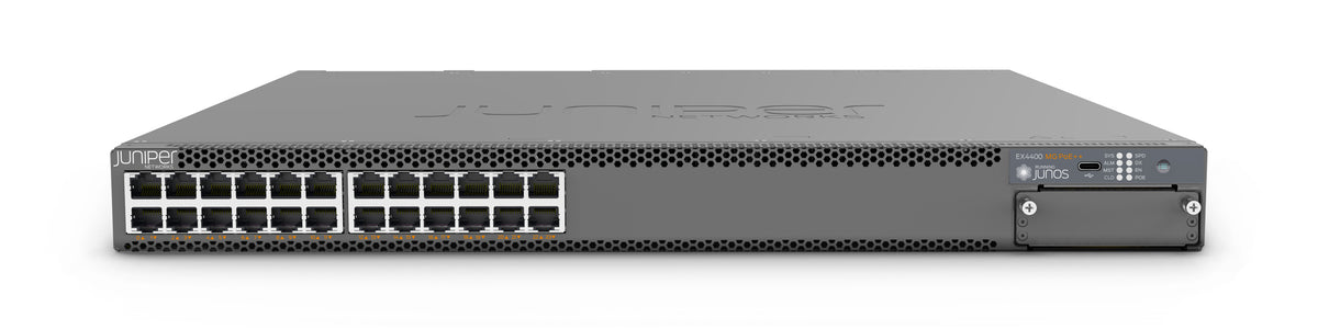 Juniper EX4400-24P Switch, Vorderansicht schräg von oben