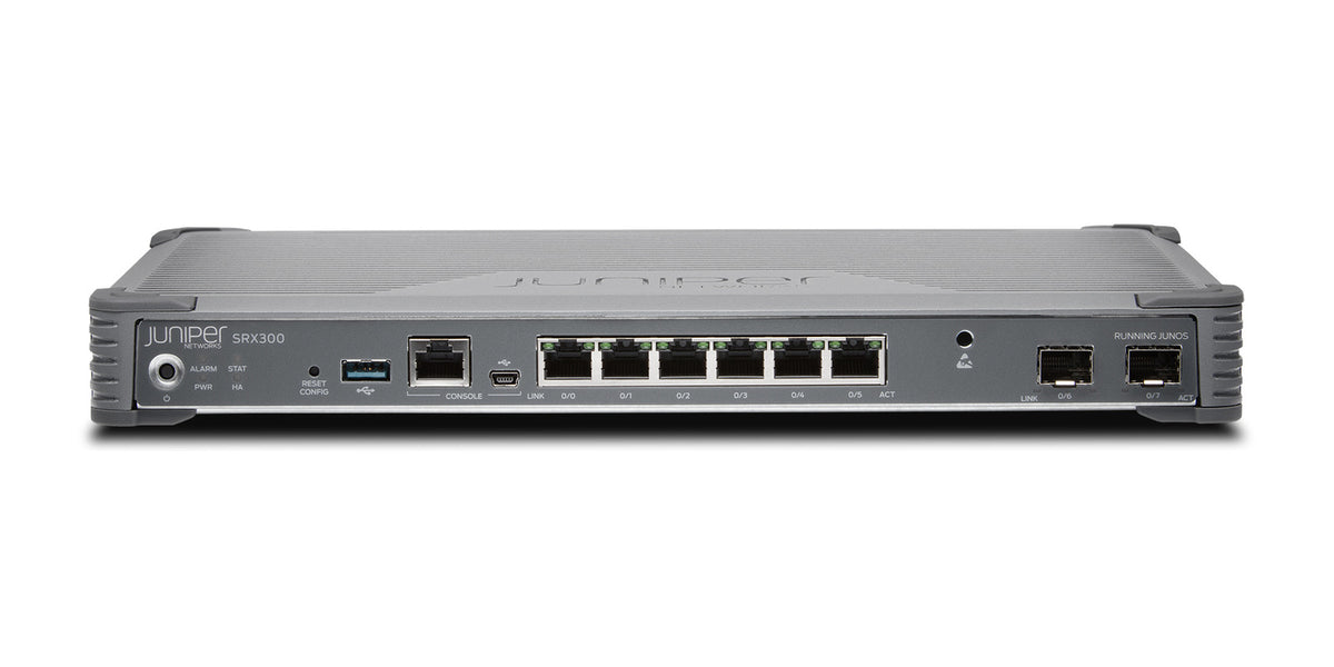 Juniper SRX300 Firewall: SRX300, Herstellerfoto Juniper Networks, Vorderseite schräg von oben