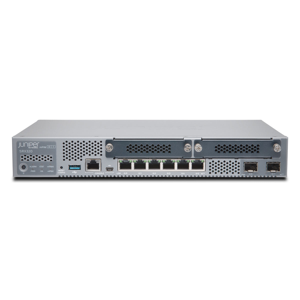 Juniper SRX320 Firewall, manufacturer photo Juniper Networks (front, angled)