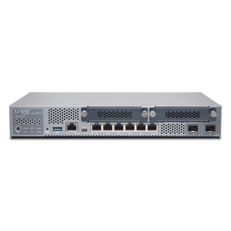 Juniper SRX320 Firewall, manufacturer photo Juniper Networks (front, angled)