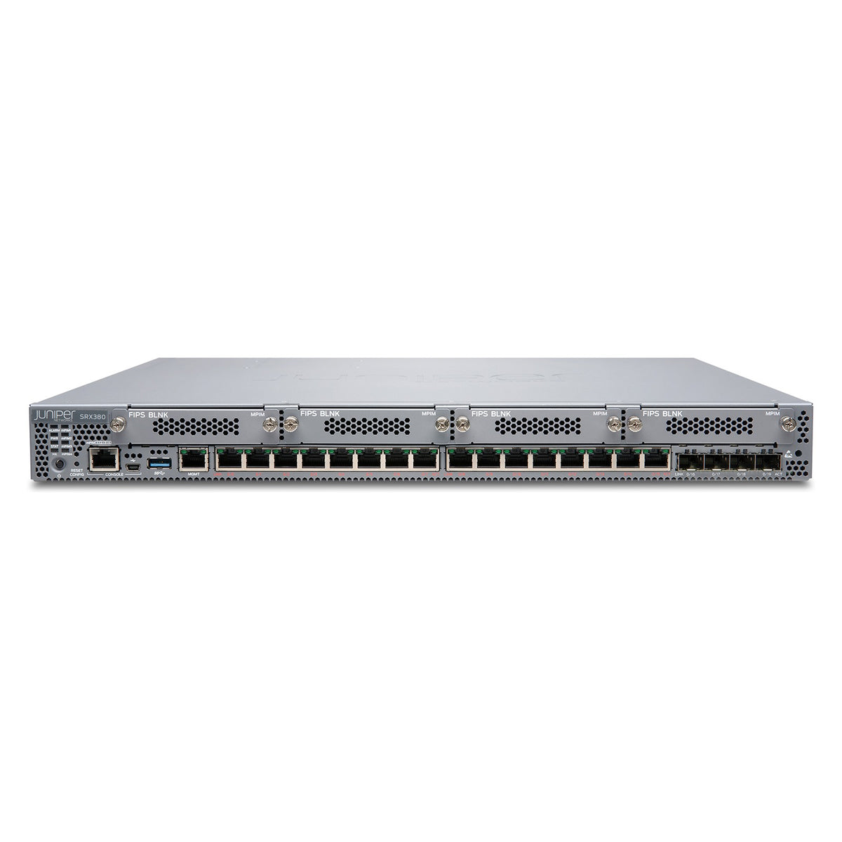 Juniper SRX380 Firewall, Herstellerfoto Juniper Networks (Vorderseite schräg)