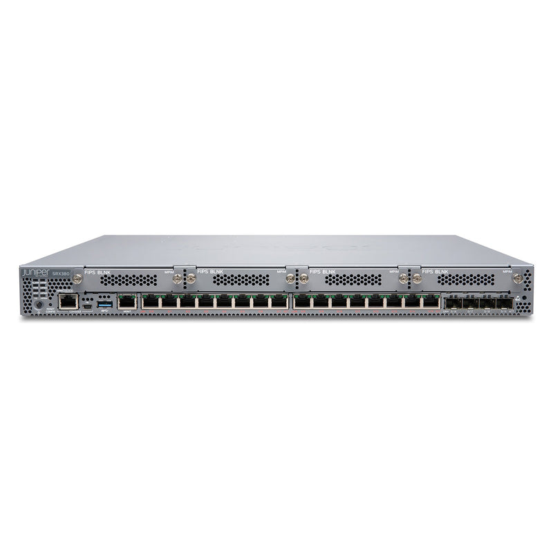 Juniper SRX380 Firewall, manufacturer photo Juniper Networks (front, angled)