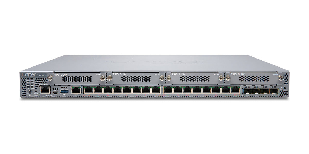 Juniper SRX380 Firewall: SRX380, Herstellerfoto Juniper Networks, Vorderseite schräg von oben
